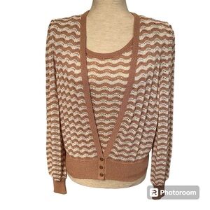CASTLEBERRY KNITS TWIN SET CARDIGAN SWEATER & TANK TAN WHITE STRETCH SIZE 12